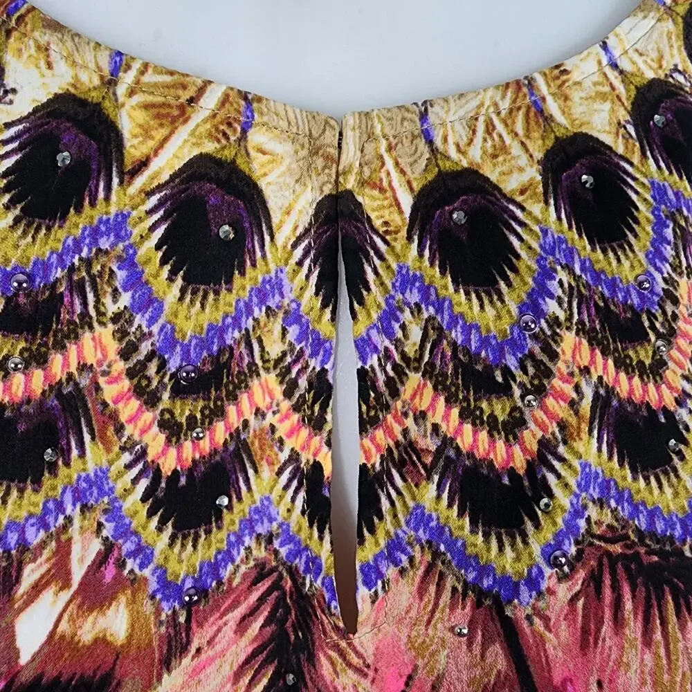 Chicos Peacock Floral Print Beaded Smocked Waist Blouse Size 3 US XL Artsy Boho